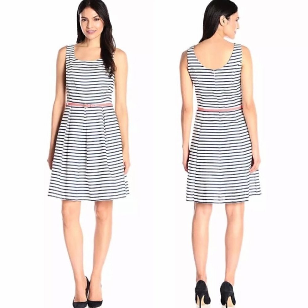 Tiana B. SZ14 Black & white linen like stipe dress preppy capsule wardrobe